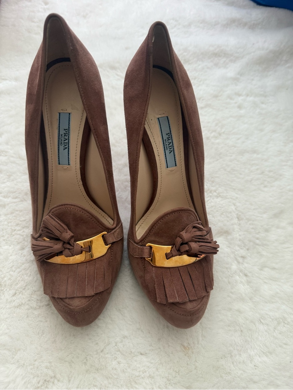 Prada Brown Suede Tassel Fringe Heels with Gold Accent